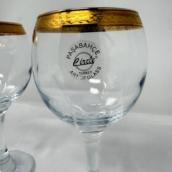 Pasabahce Circle Turkey Gold Rim Goblet Glasses Set of 2 Art of Glass 6.25” - Picture 3 of 7